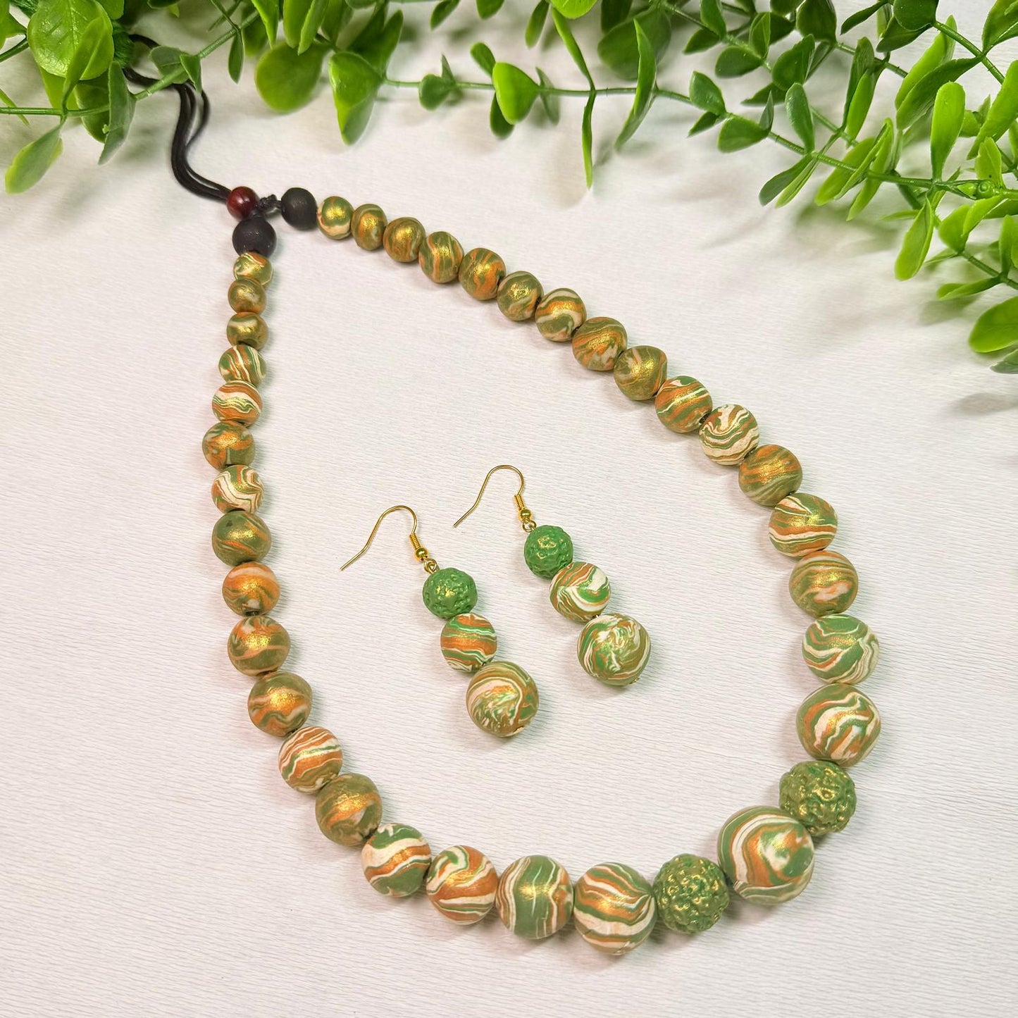Olive Green and Gold Marble Beaded Set