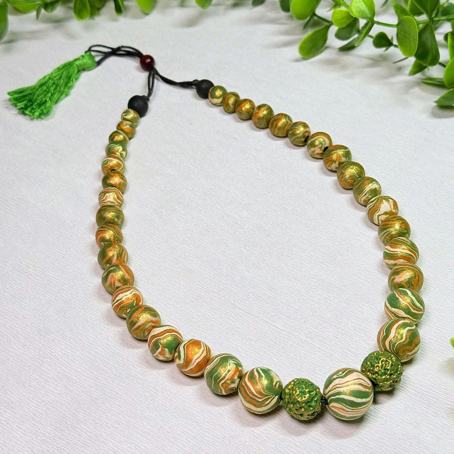 Olive Green and Gold Marble Beaded Set