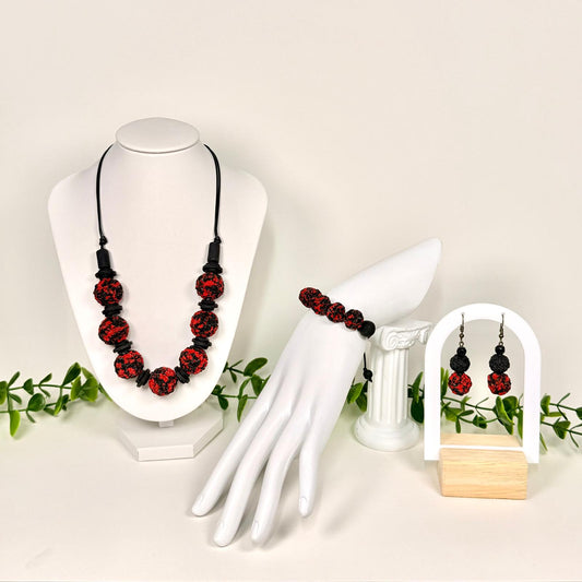 Crimson Black Textured Beads Set