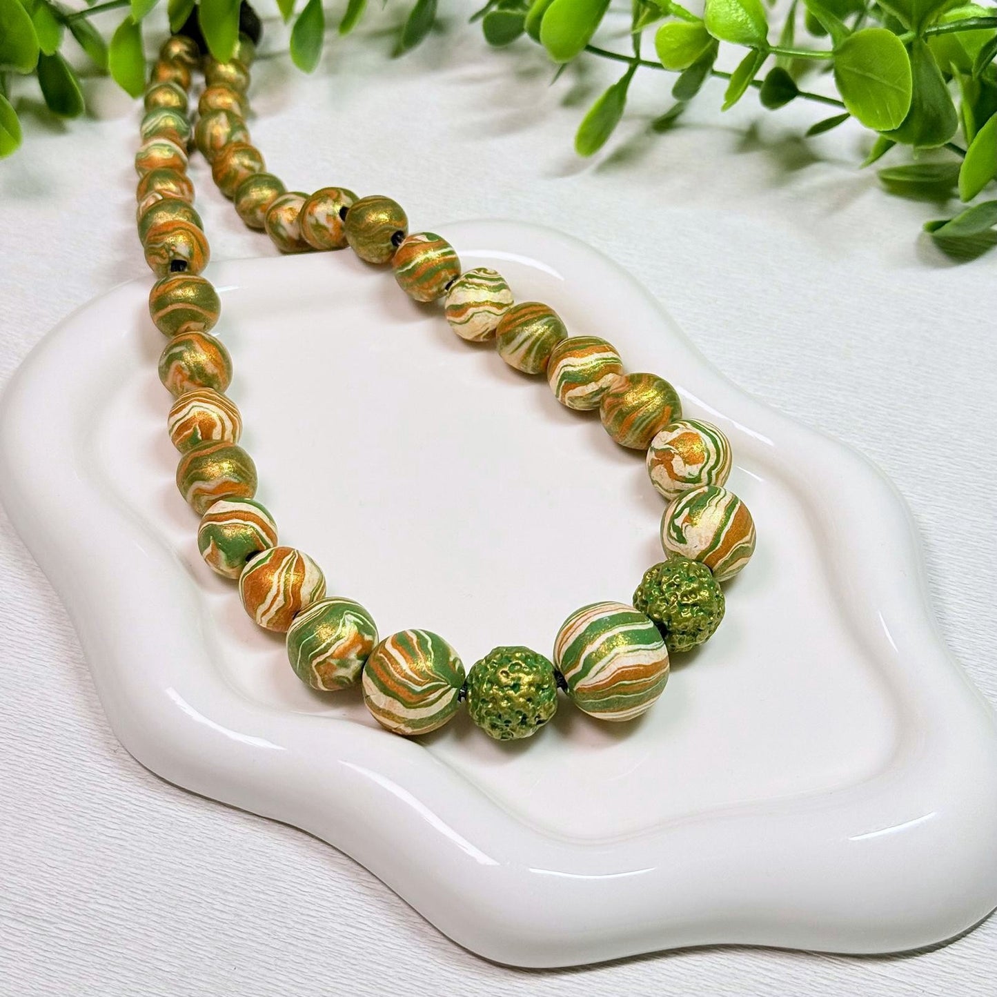 Olive Green and Gold Marble Beaded Set